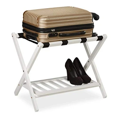 Afbeelding van Relaxdays inklapbaar kofferrek, houten bagage standaard HxBxD: 54,5 x 66 44,5 cm, met plankje, bagagerek hotel, wit
