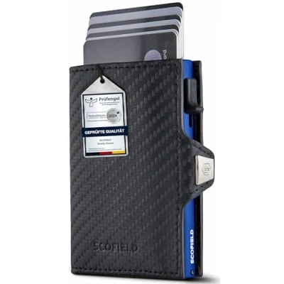 Afbeelding van SF SCOFIELD Duality Classic Slim Wallet met muntvak, kaartenetui voor heren 9 10 kaarten, portemonnee RFID bescherming, creditcardhouder, Carbon Midnight Blue, Druckknopf + Ohne Münzfach,
