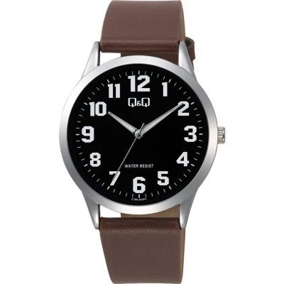 Afbeelding van Q&amp;Q c10a 033py herenhorloge bruin leder zwarte wijzerplaat duidelijke 3 bar waterdicht