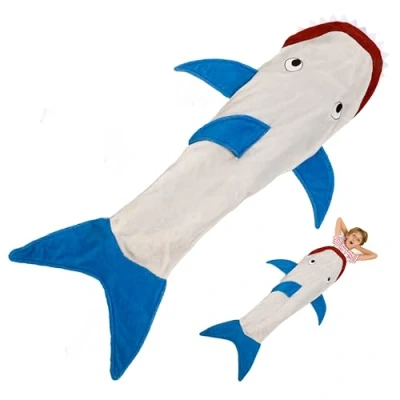 Afbeelding van Kanguru Shark fleecedeken in haai vorm, grijs, blauw, rood, eenheidsmaat voor kinderen 4 12 jaar, lengte 142 cm,Meerkleurig