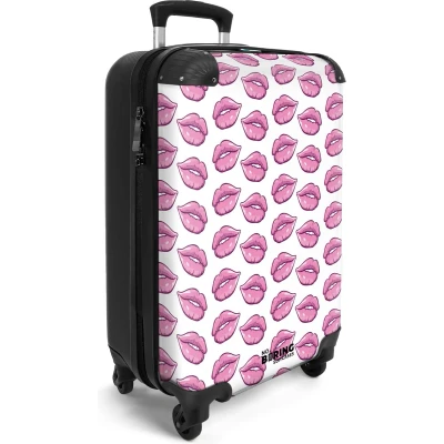 Afbeelding van NoBoringSuitcases.com® Handbagage koffer lichtgewicht Reiskoffer trolley Wit met roze lippen Rolkoffer wieltjes Past binnen 55x40x20 en 55x35x25