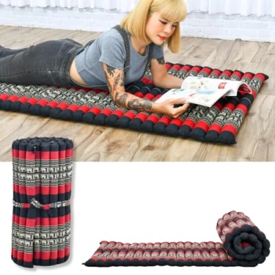 Afbeelding van Leewadee Opvouwbaar Matras Japanse Oprolbare Futon Opvouwbare Tatami Mat Gasten Vloerbed Camping Thaise Massage Mat, Kapok Gevuld, Zwart Rood