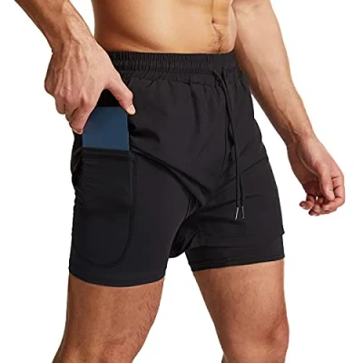 Afbeelding van Danfiki Sportshorts 2 in 1 voor mannen, ademend, met zakken, sneldrogende sportbroek zak, sportlegging, Base Layer Stretch, zwart., L
