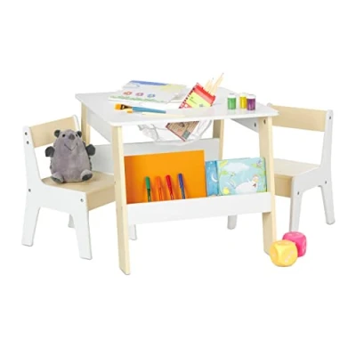 Afbeelding van Relaxdays kindertafel en stoeltjes, tekentafel met 2 kinderstoeltjes, opbergruimte, jongens meisjes, wit/beige