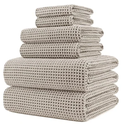Afbeelding van POLYTE Microvezel oversized, 76 x 152 cm, sneldrogende pluisvrije badhanddoekenset, 6 delig (beige, wafelweefsel)