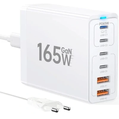 Afbeelding van 165 W USB C lader GaN, Meerdere laders, 4 + 2 A, PD lader, 6 poorts laadstation, Compatibel met iPhone/Samsung/Google/Xiaomi/Laptop/Tablet en andere apparaten Wit
