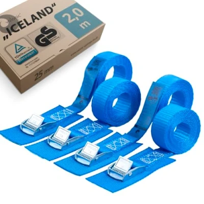 Afbeelding van valonic ICELAND Spanbanden, TÜV Rheinl. / GS gecertificeerd, met pad, 2m, 25mm, 250kg, EN 12195 2 4 stuks spanband klemslot voor dakkoffer van auto, SUP board, kajak, blauw
