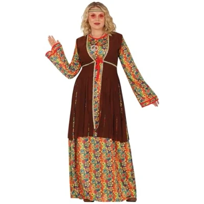 Afbeelding van FIESTAS GUIRCA Hippiekostuum met bloemenpatroon voor dames, lange jaren &#039;70 jurk, flowe powerkostuum, 60, maat XL, 46 48