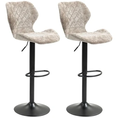 Afbeelding van HOMCOM barkruk set van 2, gestoffeerde barstoel met rugleuning, chenille look, stalen frame, in hoogte verstelbare keukenstoelen voetensteun, draaibare modern voor keuken bruin