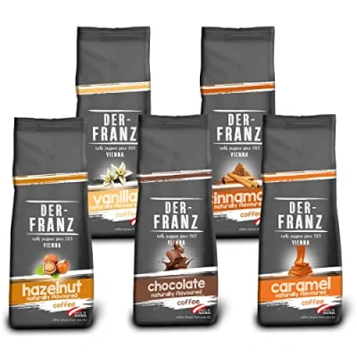 Afbeelding van DER FRANZ Koffiepakket, gemalen, 5 x 500 g gearomatiseerde koffie, 1 hazelnoot, vanille, chocolade, kaneel, karamel