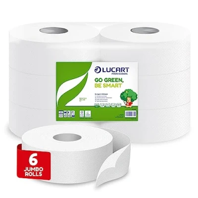 Afbeelding van Lucart Professional, Set van 6 Jumbo rollen ecologisch toiletpapier, 2 laags, Zacht en consistent, 100% gerecycled, FSC gecertificeerd, Wit