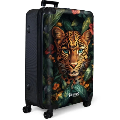 Afbeelding van NoBoringSuitcases.com® Koffer groot Reiskoffer lichtgewicht Luipaard tussen tropische bloemen Rolkoffer met 4 wielen Grote trolley XL 98 liter bagage