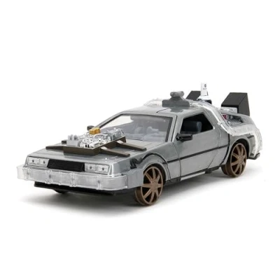 Afbeelding van Jada Toys Time Machine Back to The Future 3, modelauto van metaal, 1:24, deuren om te openen, LED licht, versie met bruine velgen, 20 cm, zilver