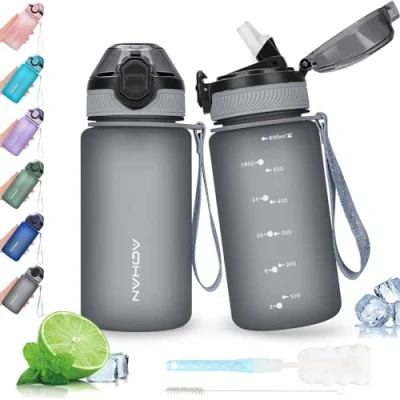 Afbeelding van Aohan 600 ml waterfles met lekvrije klapdeksel, BPA vrije sportdrinkfles rietje, vaatwasmachinebestendige waterfles, niet giftige draagriem, mat grijs