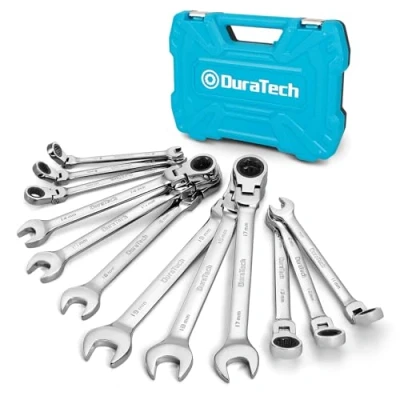 Afbeelding van DURATECH 12 delige flex kop ratel combinatiesleutelset, ratelsleutelset met 72 tands rateltandwiel, metrisch, 8 19 mm, Cr v staal, georganiseerd in opbergkoffer
