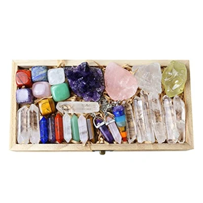 Afbeelding van Nvzi Genezende Kristallen en Stenen Set in Doos, Chakra Kristal Set, Amethist Kristal, Rozenkwarts, Citrien, Heldere Kwarts Staven, Rode Jaspis, Tijgeroog Stenen, Aventurijn, Lapis Lazuli, Ketting