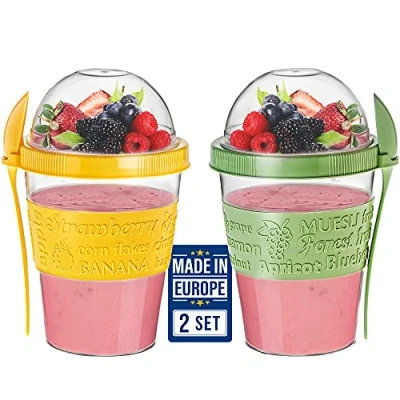 Afbeelding van CRYSTALIA Mueslibeker To Go, 2 Stuks, 100% BPA Vrij Ontbijt Yoghurt Beker, Muesli Go Yoghurtbeker met Lepel Cereal Yougurt Beker Deksel, Lunchpot Herbruikbare Yoghurtpotten