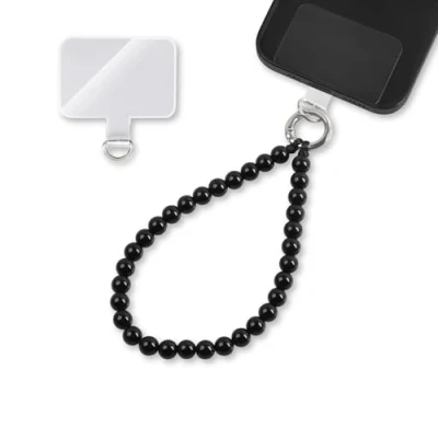 Afbeelding van mobiele telefoonketting met zwarte kralen kort Universele polsband voor telefoon incl. patch elk gsm etui Lanyard telefoonriem (lengte 24cm)