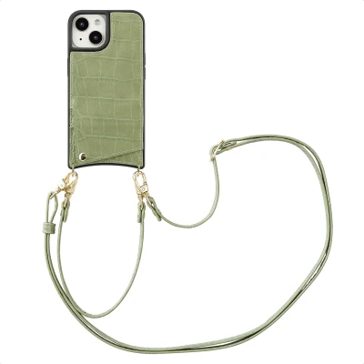 Afbeelding van Selencia Hoesje Geschikt voor iPhone 15 met Pasjeshouder Nova Croco Backcover koord en pashouder Groen