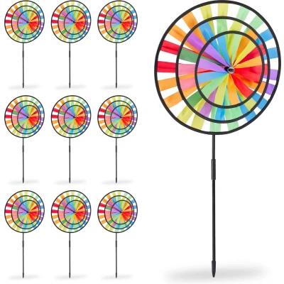 Afbeelding van Relaxdays 10x windmolen regenboog tuindecoratie tuinsteker windspel gekleurd