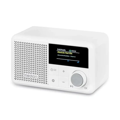Afbeelding van MEDION S66822 Draagbare mini DAB+ radio met Bluetooth (oplaadbare batterij, dimbaar kleurenscherm, telescopische antenne, slaaptimer, wekker, sluimerstand, AUX, USB C) wit