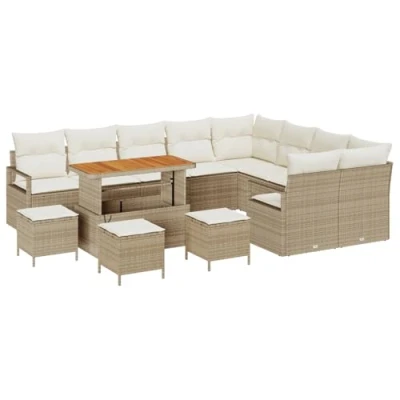 Afbeelding van vidaXL 13 delige tuinbankset met kussens Beige Poly Rattan Acacia