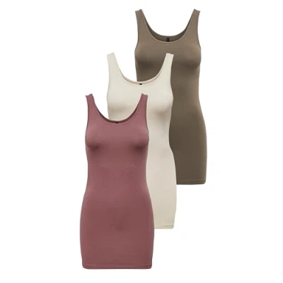 Afbeelding van ONLY Dames Onllive Love Long Tank Noos Top, roze/beige/bruin (1 x rozenbruin, 1 berk, walnoot), XL