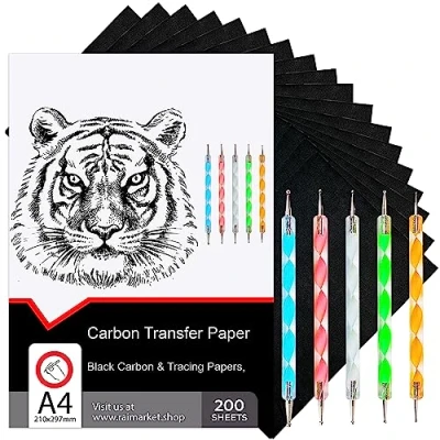 Afbeelding van Raimarket 200 vellen zwart carbonpapier voor tracering op stof, hout en canvas, 5 stylus, racepapier het tekenen van naaipatronen, A4 formaat (9 x 13) grafiet