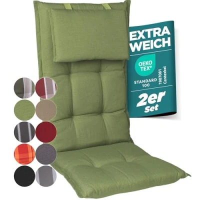Afbeelding van gardisun Tuinstoelkussens, hoge rugleuning met hoofdeinde, extra dikke stoelkussens, Made in Europe, ideale kussens voor rugleuning, lichtechtheid, set van 2, groen