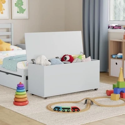 Afbeelding van Vida Designs Leon speelgoedkist van hout, wit, met deksel, dekens en dekens, voor kinderen