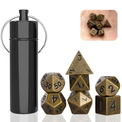 Afbeelding van Uirheurd Mini Dice set van 7 stuks DND dobbelstenen met geval sleutelhanger, brons metaal polyhedral voor Dungeons en Dragons RPG MTG