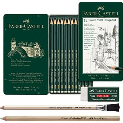 Afbeelding van Faber Castell 9000 Design Set 119064 potloden, 12 delige set. Inhoud: 5B 5H + 2 verschillende gumpennen en pvc vrije gum
