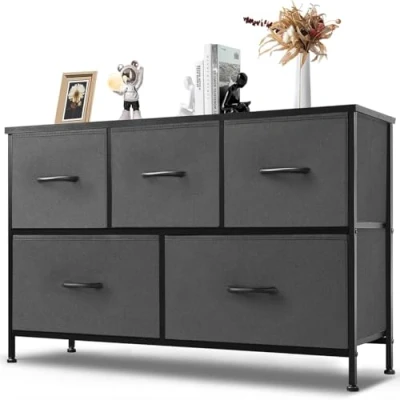 Afbeelding van DUMOS commode met laden multifunctioneel geschikt voor slaapkamer, borst of drawers 5 laden, stoffen stabiel stalen frame, ideaal woonkamer (grijs)