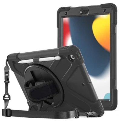 Afbeelding van ProCase Hoes voor iPad 10,2 inch Case 9e 2021 / 8e 2020 7e 2019, Rugged Heavy Duty Shockproof Hoesje Beschermhoes Cover met Schouderriem en Draaibare Standaard Zwart