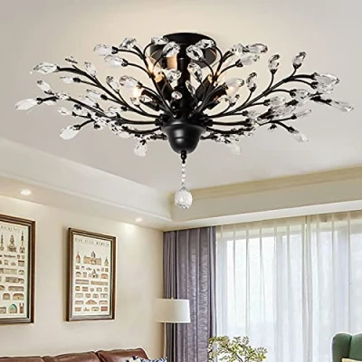 Afbeelding van Ganeed Vintage K9 Clear Crystal Chandelier plafondverlichting hanger verlichting Flush Mounted Fixture voor woonkamer eetkamer Restaurant Veranda Hallway 5 Licht Zwart