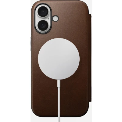 Afbeelding van Nomad Hoesje Geschikt voor Apple iPhone 16 Modern Leather Folio Compatibel met MagSafe en Draadloos Opladen Book Case Pasjeshouder Echt Leer Bruin