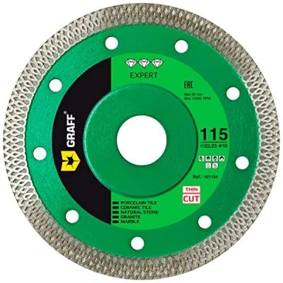 Afbeelding van GRAFF Premium Diamanttegelschijf 115 mm voor en snijden Harde Tegels, Keramiek, Marmer, Natuursteen, Graniet Extra Dunne Slijpschijf Diamant Doorslijpschijf