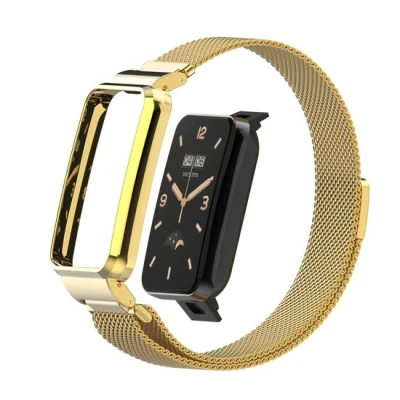 Afbeelding van Milanese loop bandje met case Goud Xiaomi Smart Band 7 Pro