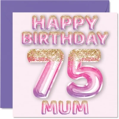 Afbeelding van 75e verjaardagskaart voor mama roze en paarse glitterballonnen gelukkige verjaardagskaarten 75 jarige moeder, moeder van zoon dochter, 145 mm x cadeau