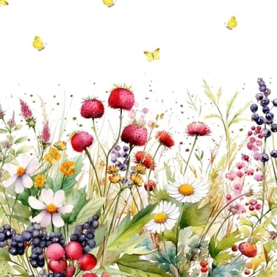 Afbeelding van 20 servetten bloemen, tuin &amp; natuur weide met zoete bessen als tafeldecoratie. Papieren motief. Ook voor decoupage en servettechniek 33x33cm
