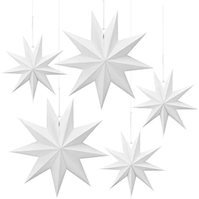 Afbeelding van Linkbro 5 stuks papieren sterren, wit, 30 cm x 3 + 45 2, vouwsterren, kerstdecoratie, 9 punten, kerststerren voor kamers en ramen