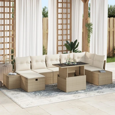 Afbeelding van vidaXL 8 delige tuinset met kussens in beige poly rattan
