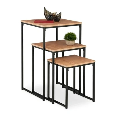 Afbeelding van Relaxdays bijzettafel industrieel set van 3 mimiset vierkante salontafel binnen C