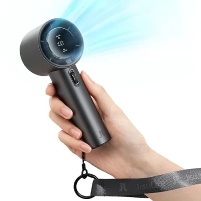 Afbeelding van JISULIFE draagbare handventilator, snelheid (1 100) verstelbare turbo miniventilator, 5000 mAh oplaadbare persoonlijke ventilator, digitaal display voor reizen/kamperen, grijs