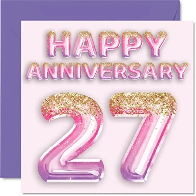 Afbeelding van Mooie 27e verjaardag kaart voor vrouw vriendin man vriend roze paarse glitter ballon gelukkige 27 kaarten van familie, 145mm x wenskaarten zevenentwintigste jubilea