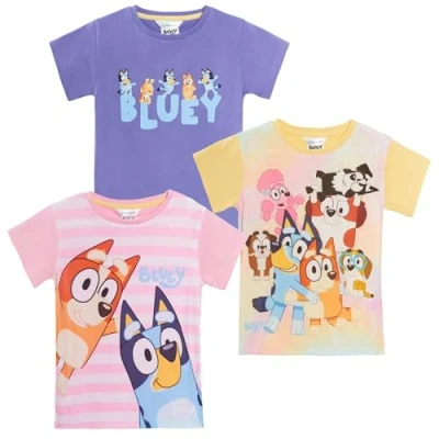 Afbeelding van Bluey Meisjes 3 Pack T shirts voor kinderen Multipack Tees 100% Katoen Puppy Bingo Dress Up, Meerkleurig, 7 8 jaar