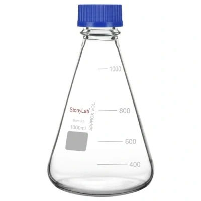 Afbeelding van stonylab Erlenmeyer Kolf met Blauwe Schroefdop, Afgeschuinde van Laboratoriumborosilicaatglas Maatverdeling, 1000 ml