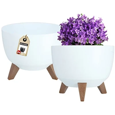 Afbeelding van KADAX Bloempot van kunststof met drie insteeksteunen, ronde bloemenschaal, plantenbak, bloembak, plantenbak voor balkon, woonkamer (pak 2 x 29 cm diameter, wit)