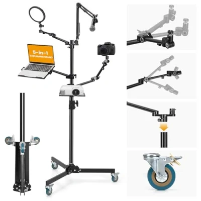Afbeelding van TARION Live Streaming Stand met Wielen 61&quot;/155cm 5 in 1 Stream Apparatuur Kit: Mic Boom + 3 Gearticuleerde Armen Projector Houder, Verstelbare Heavy duty Floor Tree Setup