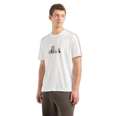 Afbeelding van Armani Exchange Heren Scattered Graphic Elements with Iconic Building Image Regular Fit Tee T shirt, Off White Ny, S